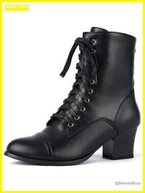 Victorian Ankle Boots Lace Up Side Zipper Block Chunky Heel Faux Leather